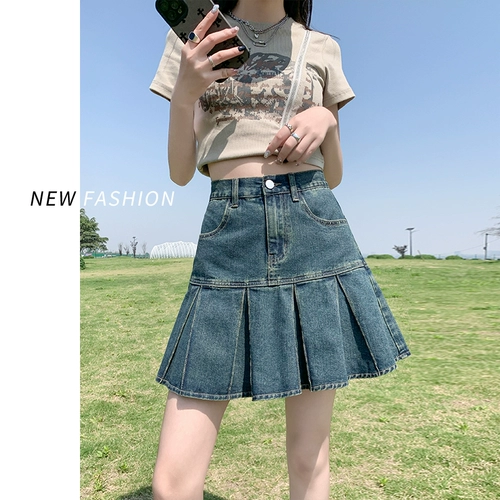 Летняя джинсовая юбка, ретро юбка в складку, высокая талия, А-силуэт