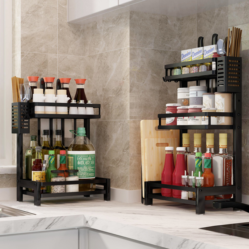 Kitchen rack countertop stainless steel knife holder household supplies black double-layer condiment storage shelf seasoning rack