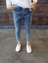 Foreign trade Korean childrens clothing 19 Winter thin Joker ash blue hand-cut plus velvet warm girl denim pants