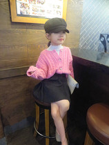 Foreign trade Korean childrens clothing 19 autumn and winter skin Peach Red Hollow knitted twist cotton thread girl parent-child sweater coat open