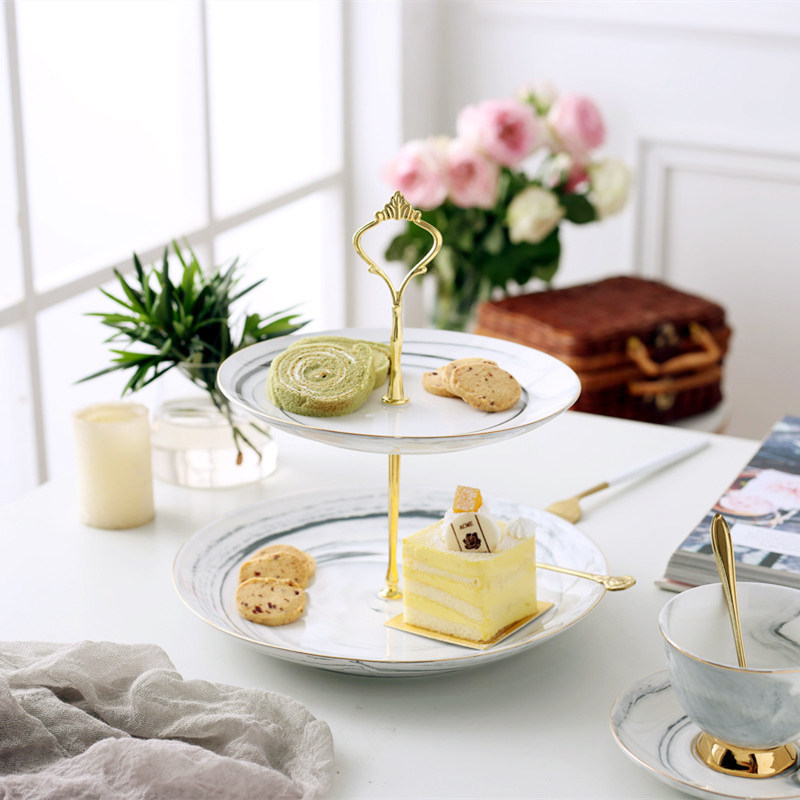 Nordic high-end Phnom Penh marble pattern double skewer cake plate Dessert table Cake rack tray Wedding gift