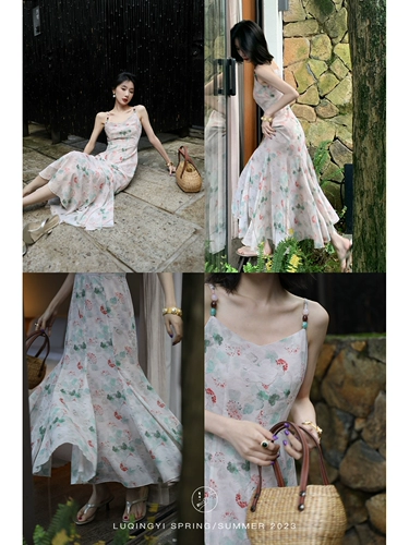 鹭青一 Шифоновое платье, ретро юбка, приталенный дизайнерский корсет, V-образный вырез, крой «рыбий хвост»