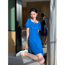 Lu Qing A morning dress vintage dress female mid-length spring and summer new square collar linen A-line skirt