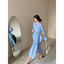 Lu Qing one or two sets of sunscreen temperament thin Port wind retro suit womens chiffon top wide leg pants two sets