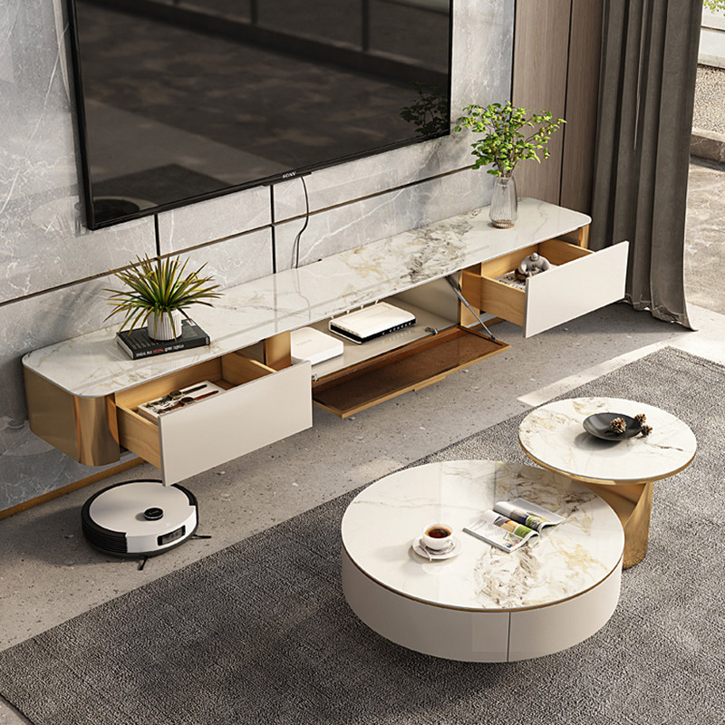 Hanging slate TV cabinet light luxury high-end solid wood rounded storage floor cabinet modern minimalist coffee table combination small apartment