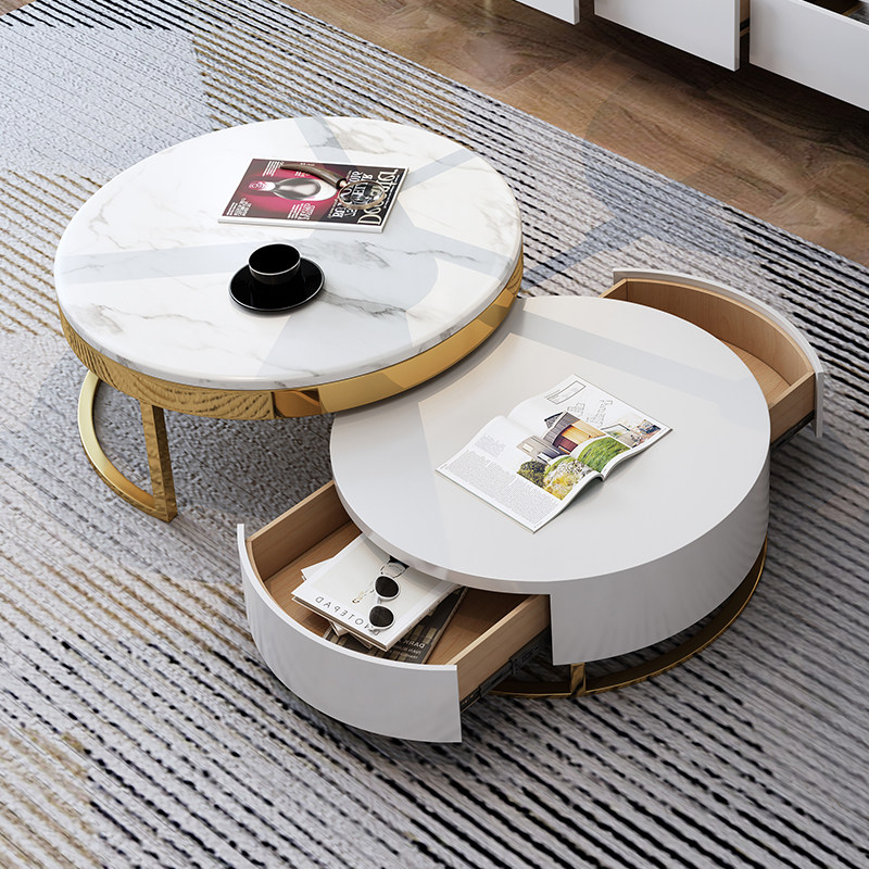 Marble two-in-one round coffee table Nordic light luxury net red living room telescopic combination rotatable tea table small apartment