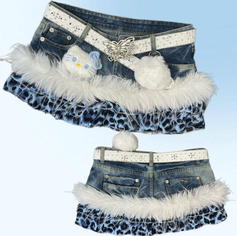 Y2K Vintage Hot Girl Low-Waisted Blue Leopard Print Kitty Cute Handmade Patchwork Cake Skirt for Women Summer