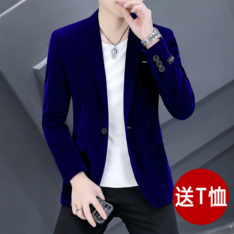 Men's Velvet Suit Jacket, Korean Style, Slim Fit, Trendy Solid Color Top, Single-Breasted, British Style, Spring and Autumn, Corduroy Small Suit