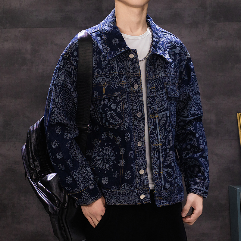 Autumn New Trendy American Casual Paisley Denim Jacket for Men, Spring and Autumn Workwear Style, Cool Pure Cotton Jacket