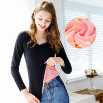Warm underwear Female thickened Garnapped single-piece blouse winter lace tight fit body V collar bottom student cotton sweater