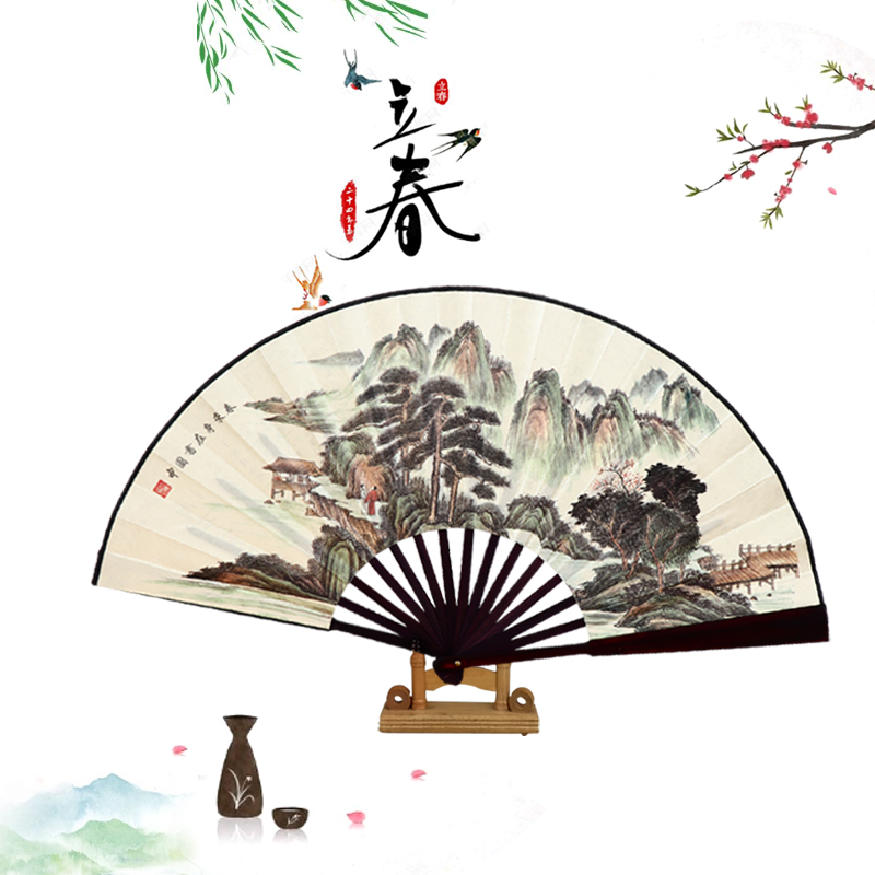 Cloth folding fan bifacial with pictured scenery flowers Bird 9 inches 8 inches 10 inches Central country Wind dance fan performing children's ancient wind cloth fan