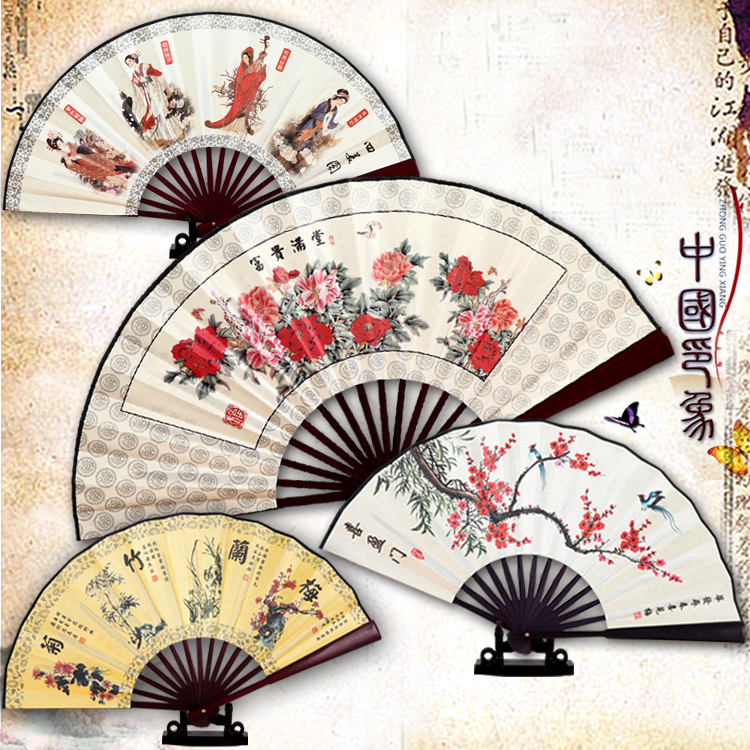 Ancient wind folding fan male and female dance opera performance 10 inch 8 inches Children's plum blossom Orchid Bamboo Peony Peony Flowers bird cloth fan