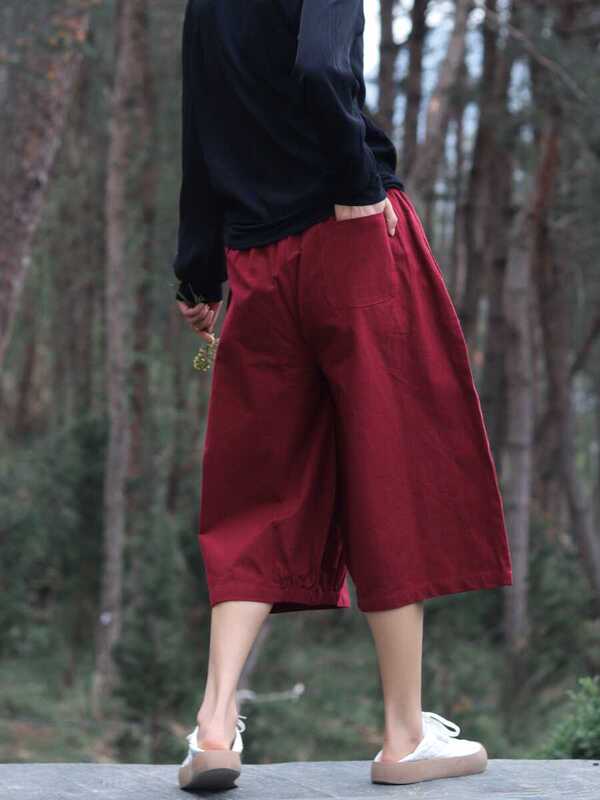 Cotton and Linen Cropped Pants for Women 2026 Summer New Style Loose Elastic Waist Plus Size Flared Casual Wide-Leg Pants for Women