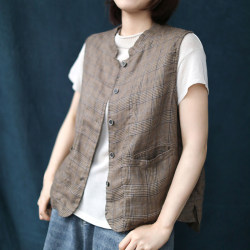 2024 ວັນນະຄະດີ Retro Casual Versatile Linen Houndstooth Short Vest Jacket Stand Collar Vest ເສື້ອຢືດ linen yarn-dyed