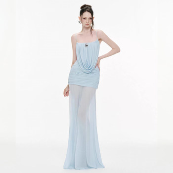 Kliou Lazy and Atmospheric Vintage-Style Spaghetti Strap Dress for Women with a Slightly See-Through Design, Pleated, Slimming, and Trendy Long Dress