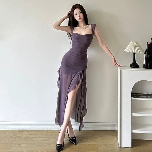 KLIOU Чисто сексуальное женское лоскутное платье с рюшами в стиле горячей девушки, утягивающая талия и длинная юбка с высоким разрезом