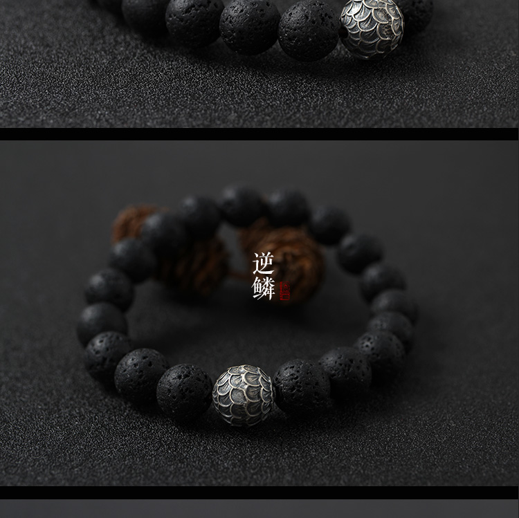 Vòng đeo tay bằng đá núi lửa Đàn ông bằng bạc Sterling Đá nữ May mắn chuyển hạt Vòng tay đá núi lửa Wenwan mở hạt ngược - Vòng đeo tay Clasp vòng đeo tay phong thủy