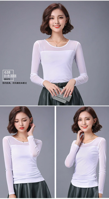 Thu đông 2018 mới size lớn cổ tròn gợi cảm nước ngoài dài tay lưới rộng vợ khoét đáy nữ đầm mẹ quý phái áo thun tay lỡ