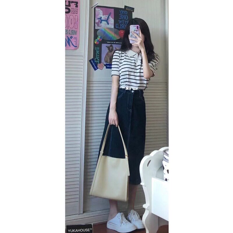 Striped T-shirt denim skirt two-piece net red salt fried street small girl can salt and sweet suit skirt