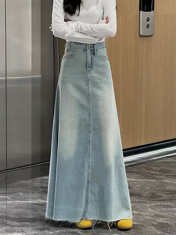Denim Skirt for Women 2025 New Autumn Korean Style Versatile High-Waisted Washed Vintage Slimming Flared High-End Skirt