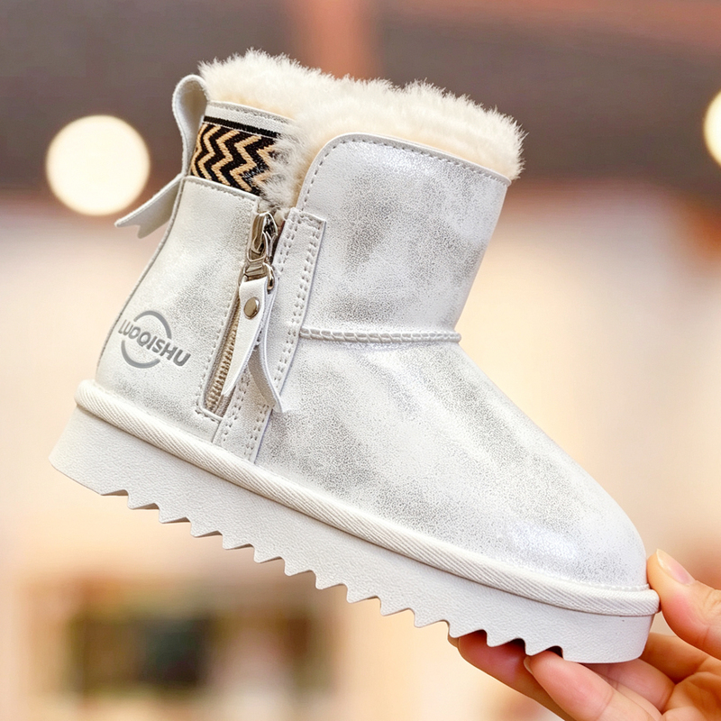 Princess-Style Kidsren's Snow Boots for Girls, New Leather and Fur Integrated Cotton Shoes, Waterproof and Non-Slip Kidsren's Wool Warm Shoes