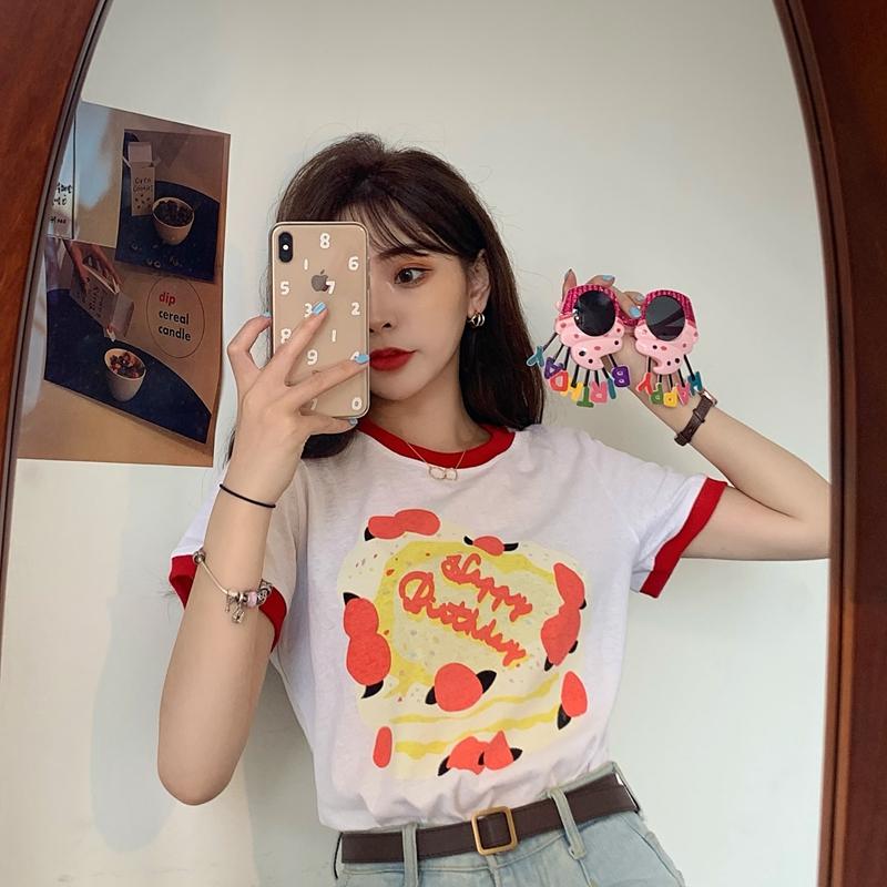 Mùa hè bánh mới t-shirt 2020 Hàn Quốc phiên bản in dễ thương in hit-and-run neckline phim hoạt hình ngắn tay triều t-shirt của phụ nữ