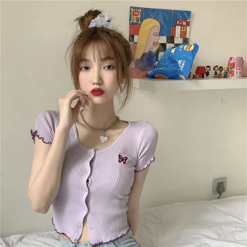 thêu bướm mở knitsweater rốn nữ mùa hè trang trí cơ thể tai gỗ mỏng ngắn ngắn tay cardigan váy tím