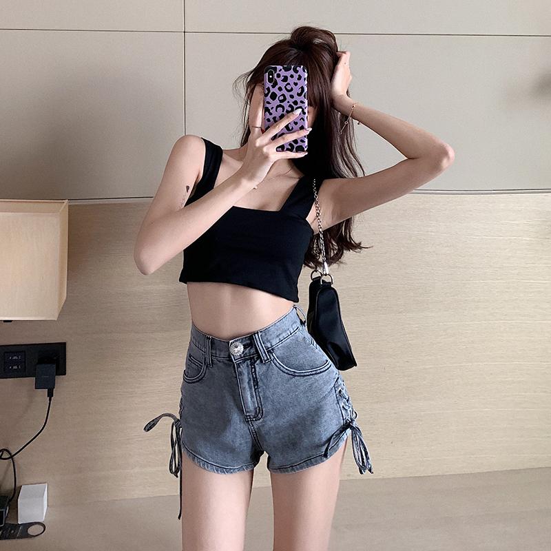 Mùa hè trang phục lưới in màu đỏ cá tính khoan khóa phụ gắn với quấn hông sexy quần short eo cao quần jean sửa chữa cơ thể người phụ nữ