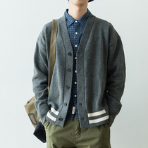 Autumn and winter Japanese retro college style V-neck knitted cardigan mens trendy youth drop-shoulder sweater original sweater