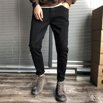 Tide brand black jeans mens autumn and winter plus velvet slim feet pants trendy all-match casual mens stretch