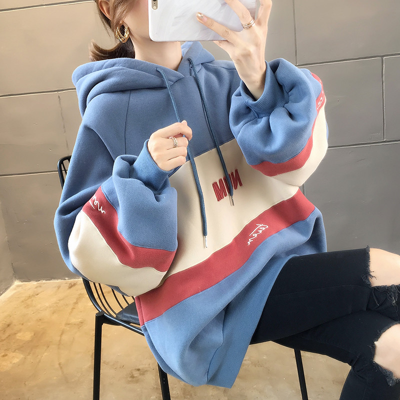 Blue2020 new pattern Sweater female Autumn and winter Plush thickening Korean version ins Hooded Big size easy bf Lazy wind loose coat tide