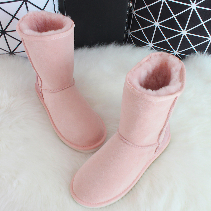 2026 Winter New Genuine Leather Pink Snow Boots Women's Fur Integrated Mid-Calf Boots Non-Slip Snow Cotton Shoes