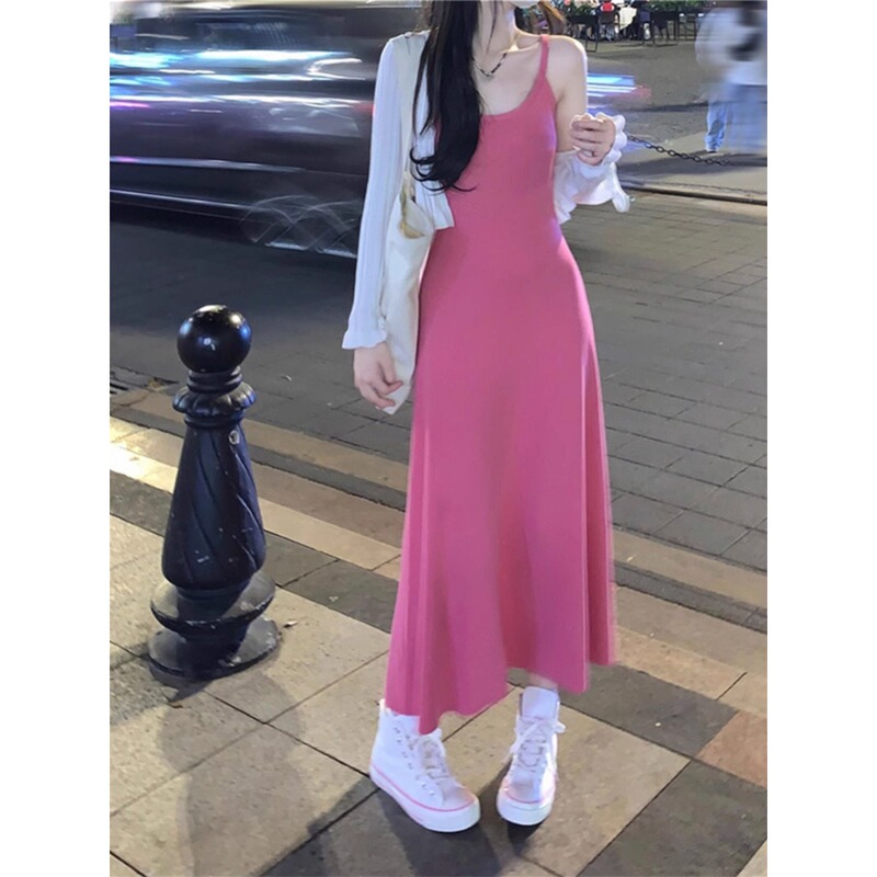 Women's Pink Spaghetti Strap Dress, New Summer Style, Outerwear, Sexy Chic, Waist-Cinching, Slim-Fitting, Elegant Long Dress