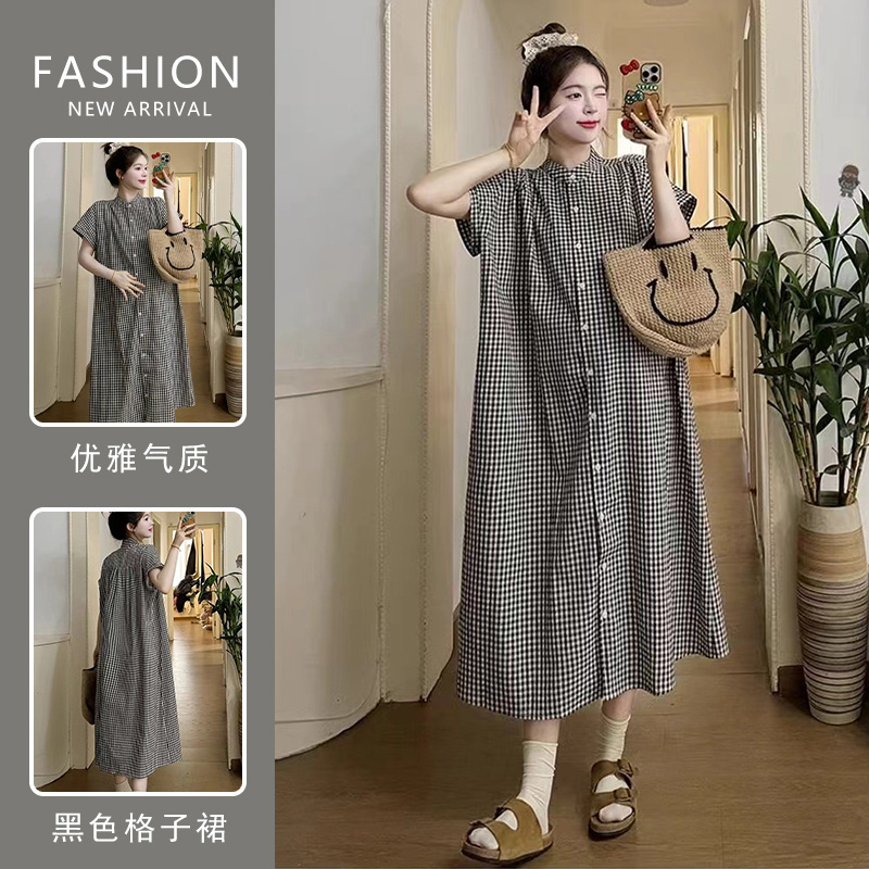 Maternity Wear Retro Artistic Plaid Shirt Dress for Women Spring 2024 New Loose Mid-Length Short-Sleeved A-Line