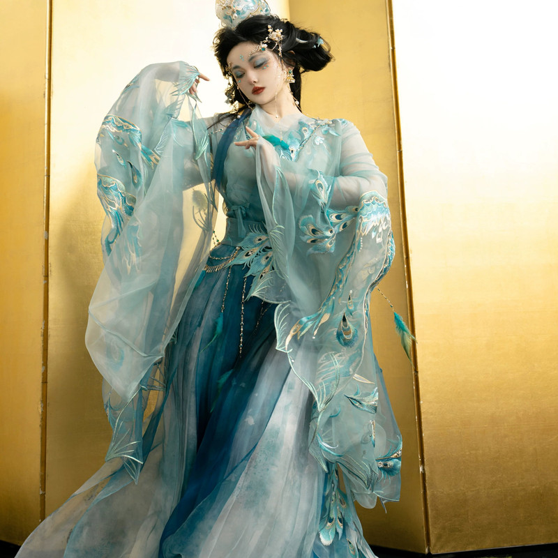 Double-Patterned Hanfu [Peacock Blue] with Intricate Embroidery, Wei and Jin Dynasties, Northern and Southern Dynasties, Warring States Period Robe, Large-Sleeved Shirt, Headdress Skirt