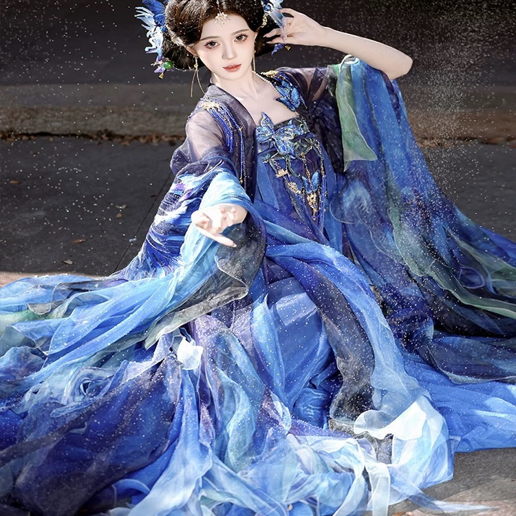 Tang Dynasty-Style Hanfu for Women [Blue Tail Butterfly] Heavy Embroidery Large-Sleeve Shirt and Chest-Length Skirt, Divine and Elegant Spring Series