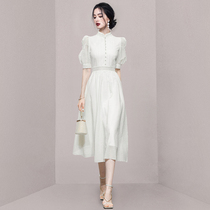 HiSunday2022 Puff Sleeve Dress High-end Lady Wind French Waist Retro White Fairy Long Dress