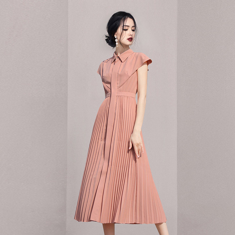 HiSunday polo shirt women's summer new high-end royal sister style waist long version pleated pink jumpsuit qun