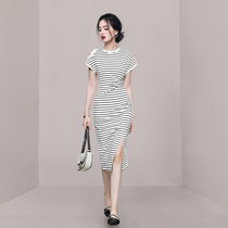 HiSunday2022 summer womens black and white striped off-the-shoulder temperament mid-length short-sleeved casual bag hip slit qun