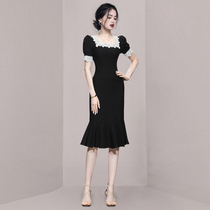 HiSunday French little black dress female Xia Hepburn square neck puff sleeves waist and slim mid-length fishtail dress