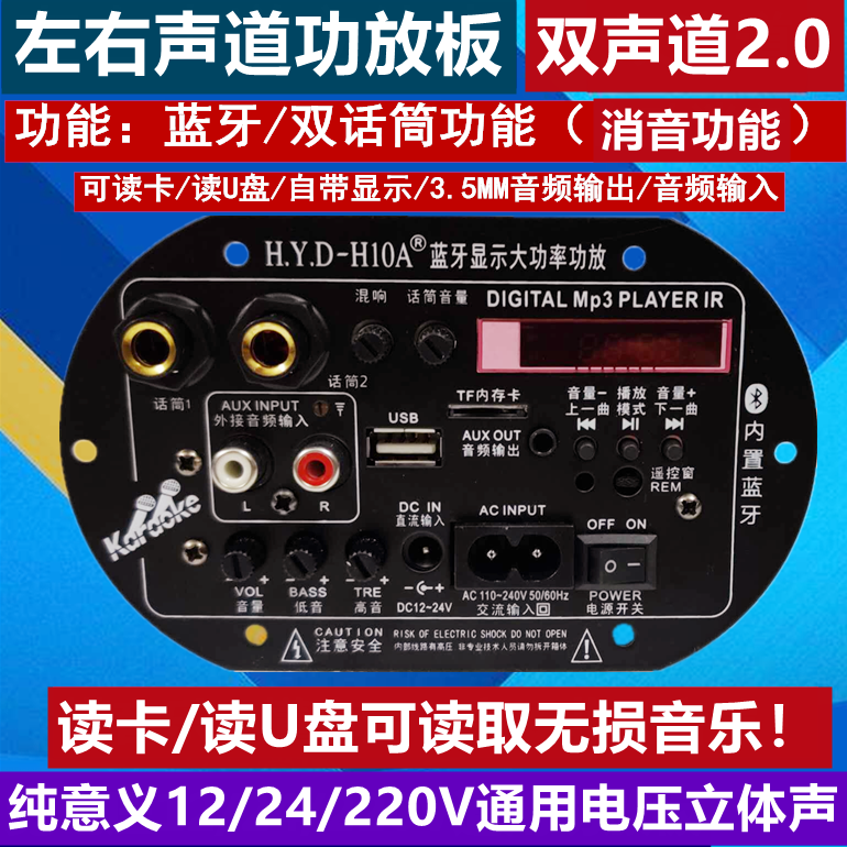 Two-channel microphone function elimination original singing display high-power amplifier board built-in Bluetooth 12 24 220V universal