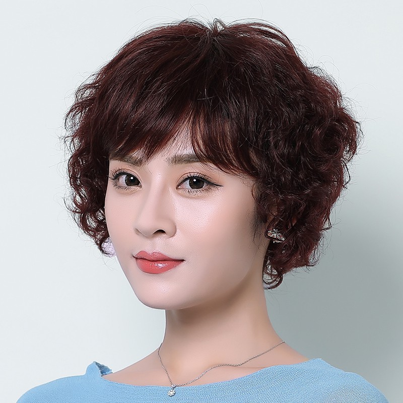 Fashion wig short hair short curly hair Mommy Natural round face female fake headset