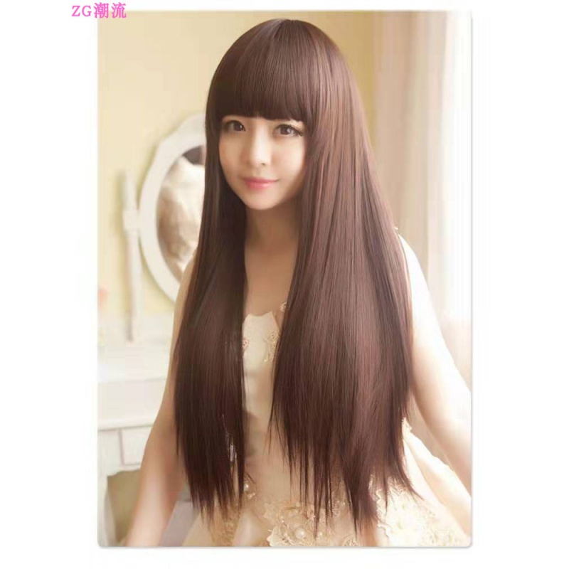 Wig female black long straight hair real hair whole top hair set realistic and natural full head set net red Qi bangs new hair set
