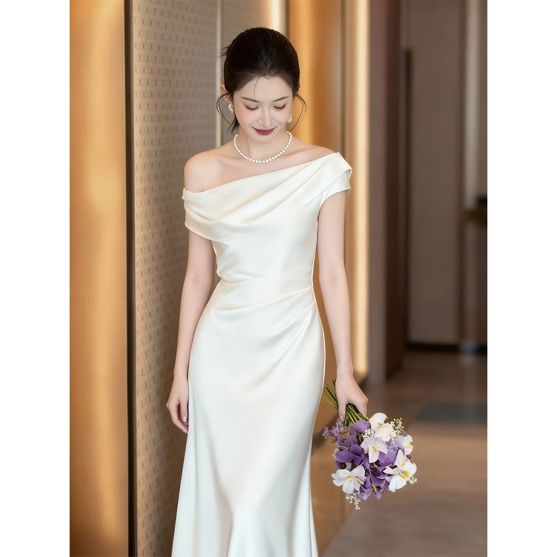 French-Style Engagement Dress, One-Shoulder, Off-Shoulder, White Birthday High-End Host Dress, Morning Gown, White Dress for Marriage Registration