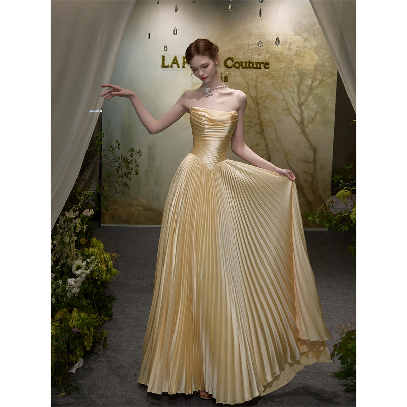 Golden Strapless Engagement Evening Dress 2026 New Style High-End Elegant Robe for Female Brides Wedding Toast Dress Golden Strapless Engagement Evening Dress 2026 New Style High-End Elegant Robe for Female Brides Wedding Toast Dress