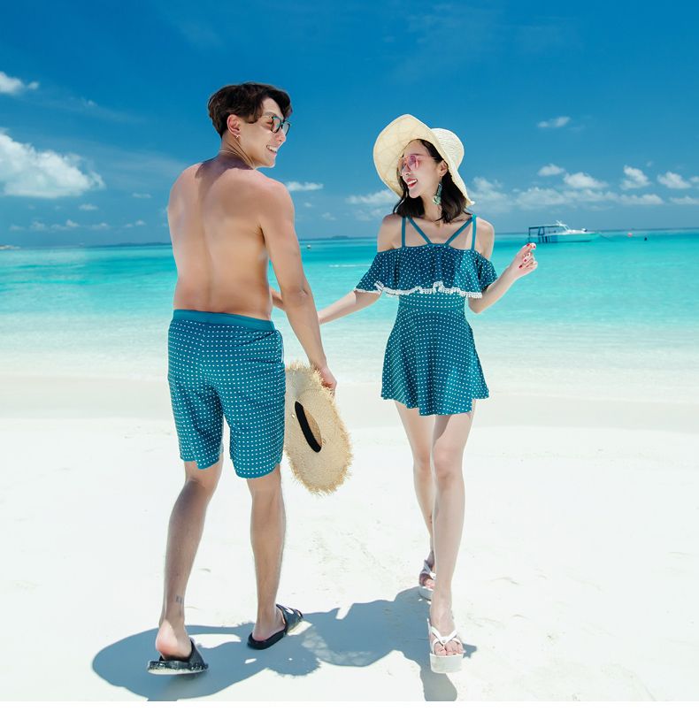 Thời trang cặp đôi đồ bơi mới một mảnh kiểu váy phẳng góc bụng giảm béo đồ bơi nữ đẹp trai thoải mái quần đi biển - Vài đồ bơi