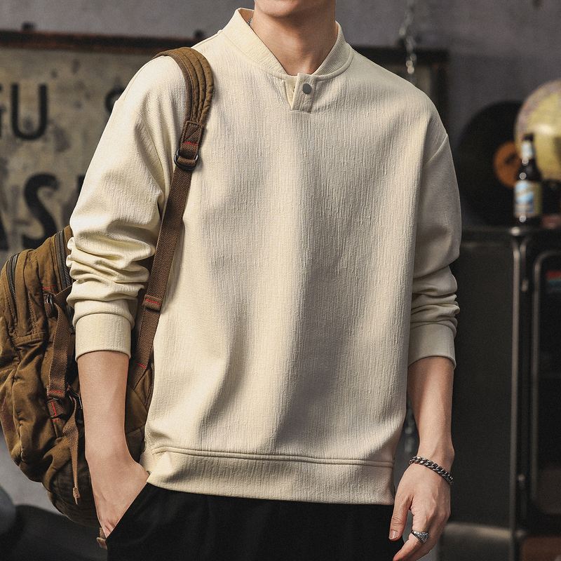 High-End Heavyweight Henry Collar Sweatshirt for Men, Winter Trendy Warm Thick Base Layer with Textured Loose Casual Top