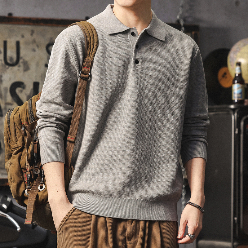 American Casual Polo Collar Knit Sweater for Men, High-End, Stylish, Versatile Sweater, Autumn and Winter Warm Long-Sleeve Base Shirt, Trendy