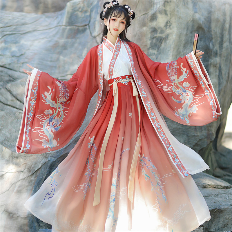 Authentic Original Chinese-Style Hanfu for Women with Phoenix Feathers, Jin-Style Cross-Collar Waist-Length Skirt, Wei-Jin Style Daily Ancient Costume, Spring and Autumn Style
