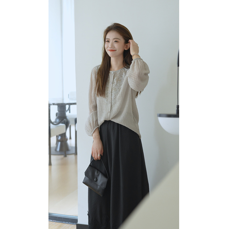 Rh【Lace Horizontal Stretch Crepe】New Slimming Patchwork Lace Textured Horizontal Stretch Crepe Mulberry Silk Shirt Rh672